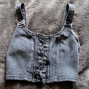 lace up gray denim crop top